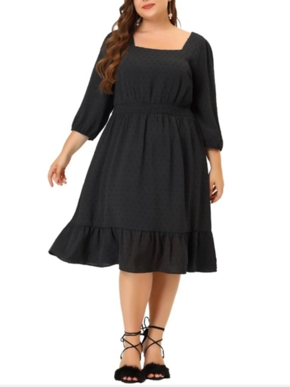 Plus Size Black Square Neck Ruffle Hem Dress